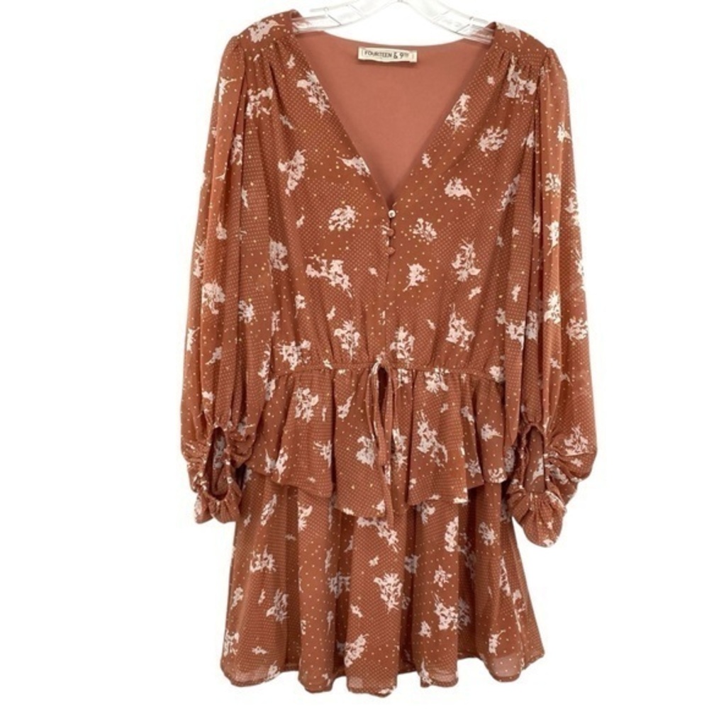 Fourteen & 9th Peach Tiered Flowy Polkadot Floral Ruffle Dress Long Sleeve